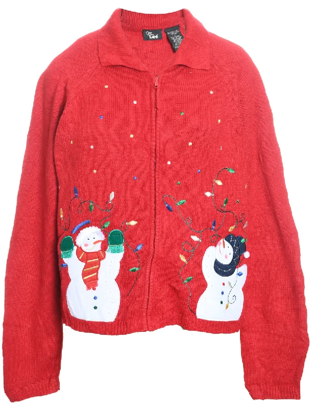 Luxe Comfort Snowman Design Red Embroidered Christmas Cardigan - L
