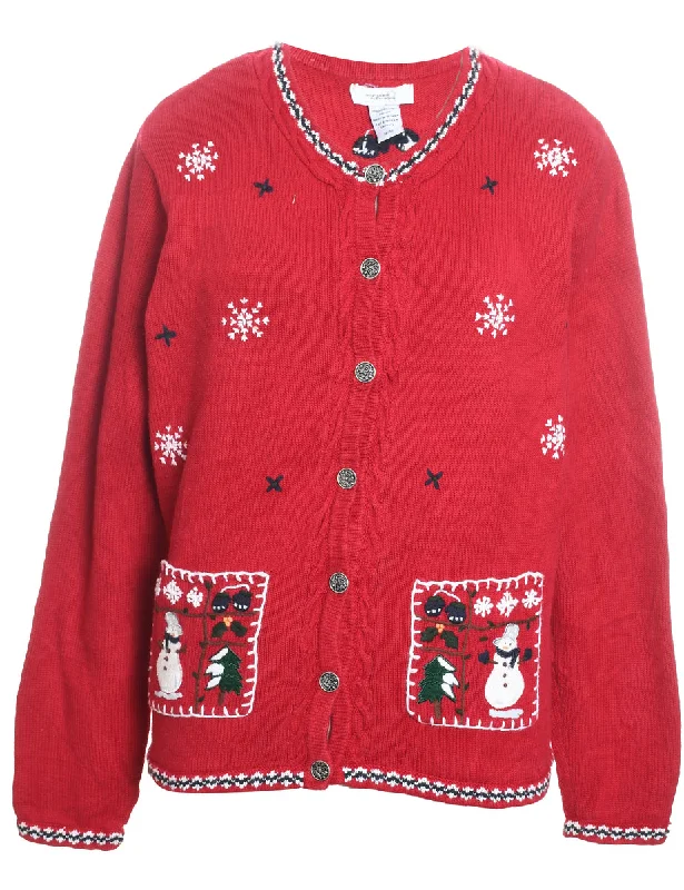 Easygoing Style Snowman Design Red Embroidered Christmas Cardigan - M