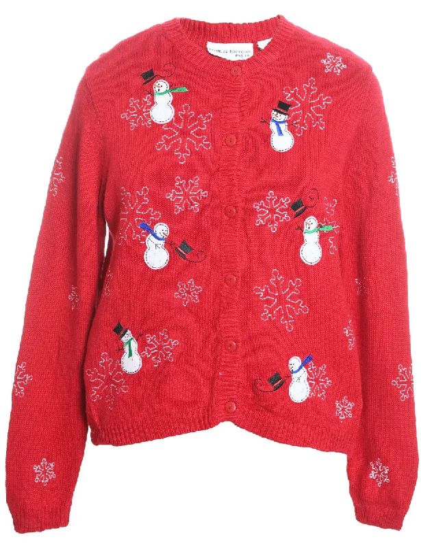 Stylish Wear Snowman Design Red Embroidered Christmas Cardigan - M