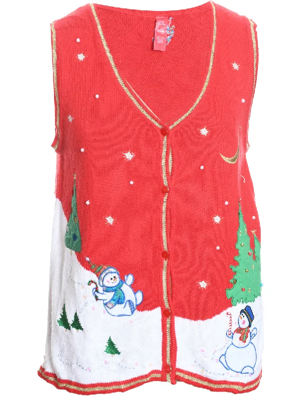 Fashion Elements Snowman Design Red Embroidered Christmas Vest - L