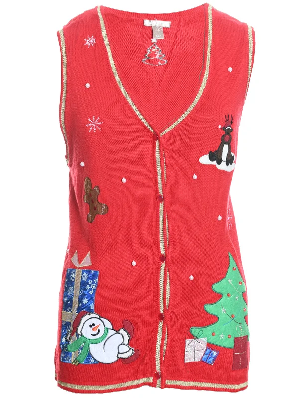 Youthful Snowman Design Red Knit Christmas Vest - L