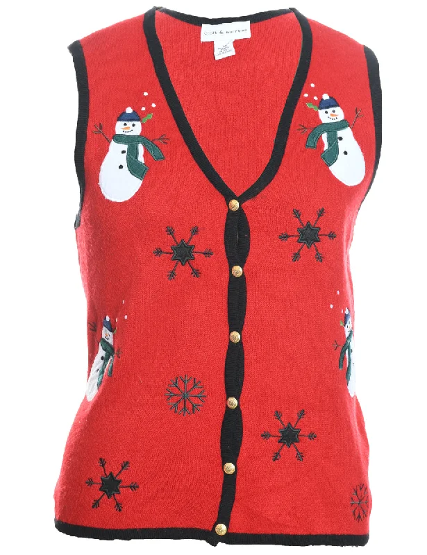 Trendy Items Snowman Design Red Knit Christmas Vest - M
