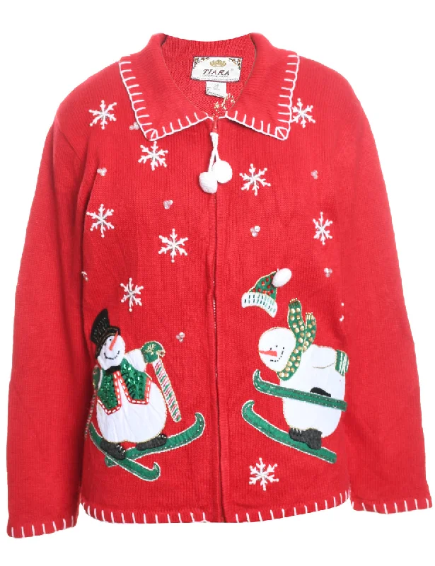 Casual Elegance Snowman Design Red & White Embroidered Christmas Cardigan - M