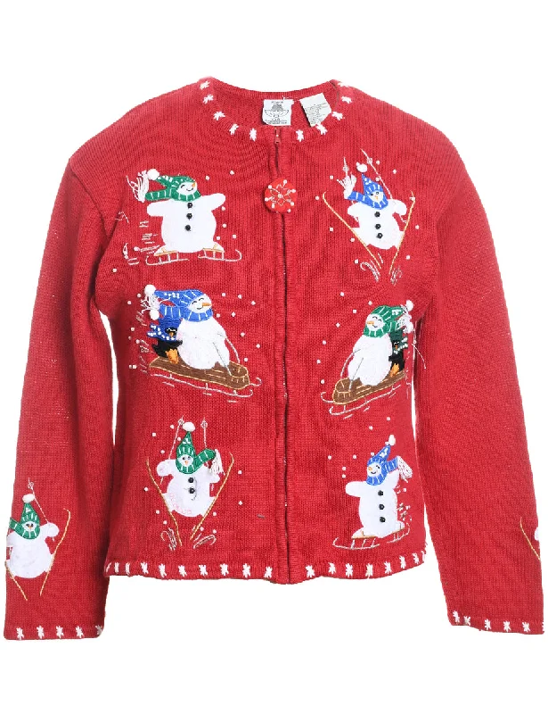 Warm Layers Snowman Design Red Zip-Front Christmas Cardigan - XL