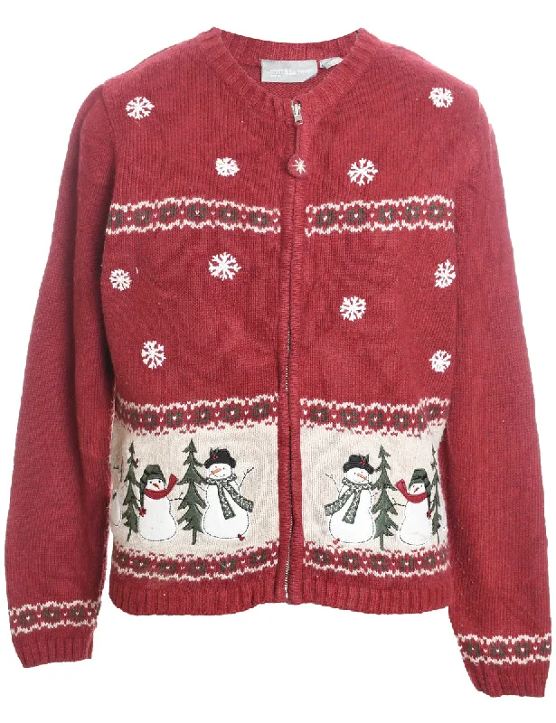 Cozy Dress Snowman Design Zip-Front Appliqued Christmas Cardigan - L