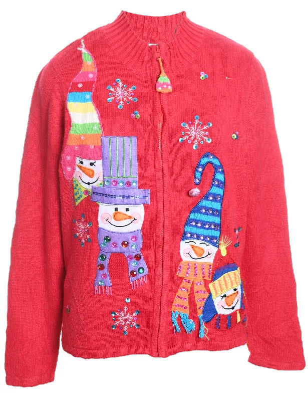 Cozy Sweaters Snowman Design Zip-Front Appliqued Christmas Cardigan - L