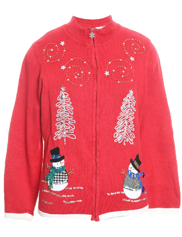 Light Layers Snowman Design Zip-Front Christmas Cardigan - M