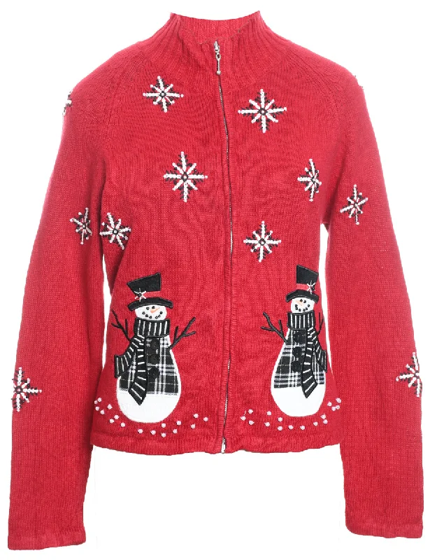 Advanced Design Snowman Design Zip-Front Knit Christmas Cardigan - S