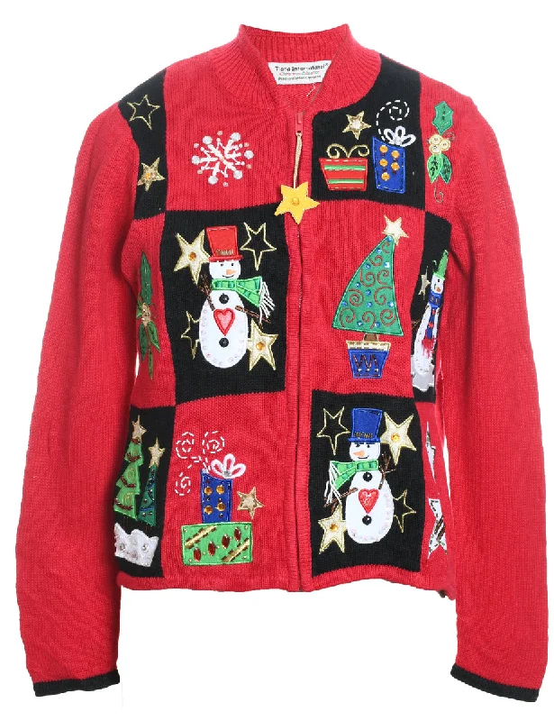 Effortless Outfits Snowman Design Zip-Front Multi-Colour Christmas Cardigan - M