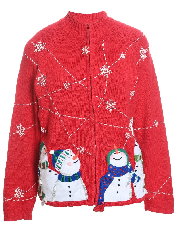 Elegant Wear Snowman Red Zip-Front Knit Christmas Cardigan - L