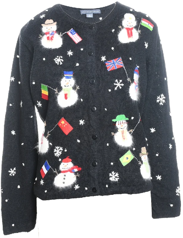 Energy Plan Snowman & Snowflake Design Black Embroidered Christmas Cardigan - XL
