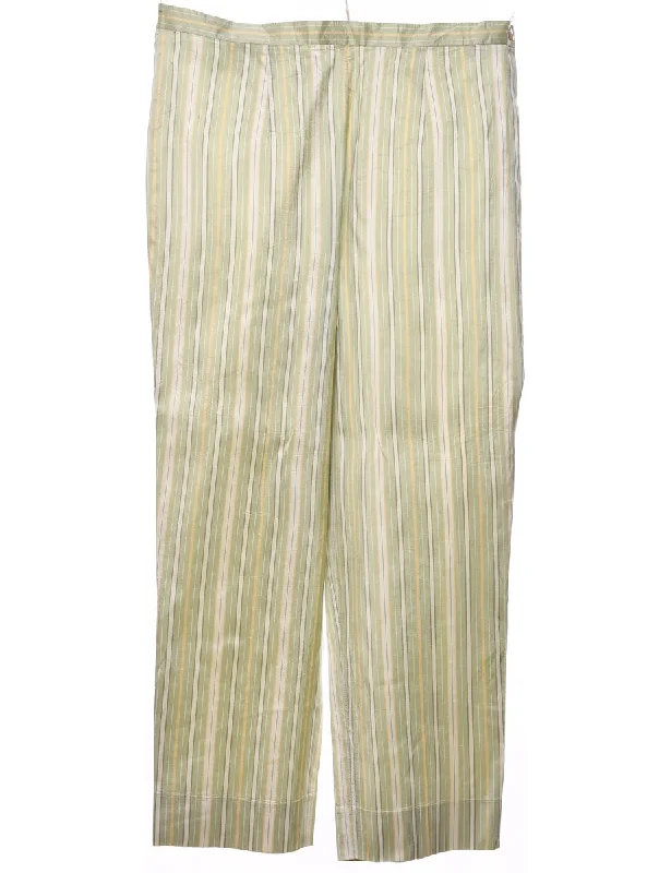 Multifunctional Style Striped Light Green, White & Yellow 100% Silk Trousers - W32 L26