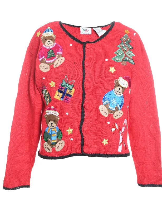 New Products Teddy Bear Print Christmas Cardigan - S