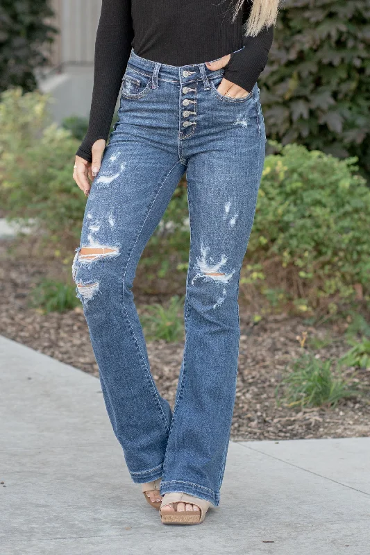 Simple Elegance Jasper Mid Rise Distressed Button Fly Flare Regular & Plus Sizes