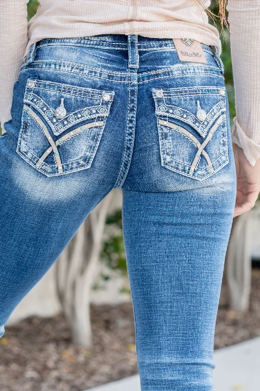 Fashionable And Versatile Blue Aztec Embellished X Stitched Mid Rise Chloe Boot Cut